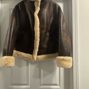 Brown Faux Leather Jacket with Cream Fur Trim